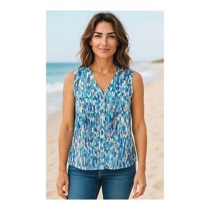 BCBG Button Front Sleeveless Blouse Colorful Top Women's M Abstract Print